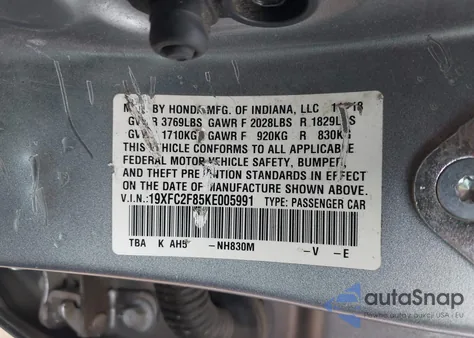 2019 Honda Civic Sport из США, поврежденный, VIN 19XFC2F85KE005991